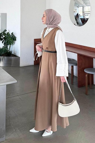 lamelif Button Detailed Sleeveless Hijab Dress Chocolate Brown