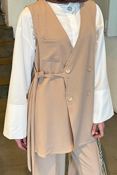 lamelif Pants-Vest Double Hijab Suit Beige