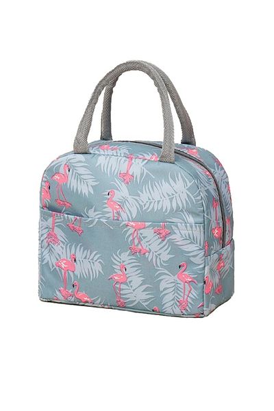 OEM Insulated lunch bag with flamingo pattern, 21 x 13 x 23 cm, canvas, aluminum