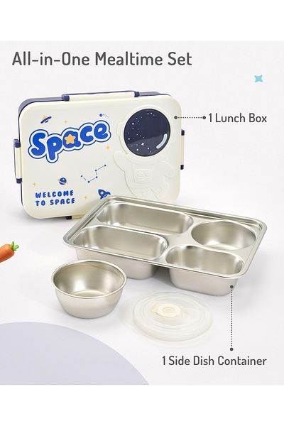 Bonfino Bonfino Lunch Box, Leak-Resistant Seal, Space Theme, 3 Years+, 1300 mL- White and Blue