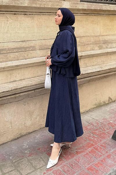lamelif Μπλούζα με φιόγκο μπροστά Φούστα Hijab Σετ Navy Blue