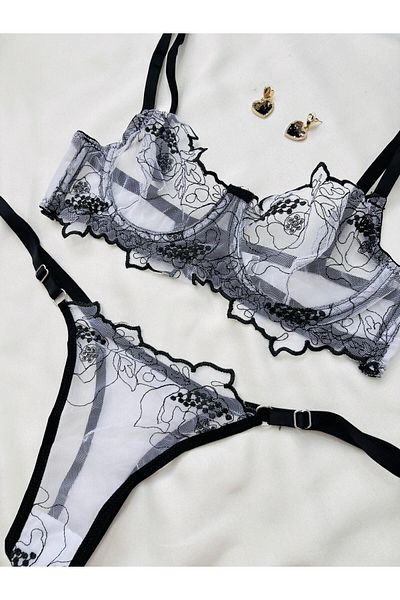 İNKO İÇ GİYİM Floral Underwire Uncovered Tulle Bra Set (Bra Tanga)