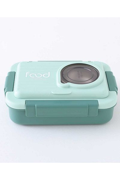 Fab N Funky صندوق غداء بمشبك مع وعاء طعام، متين، خفيف الوزن، مكون من حجرتين - أخضر