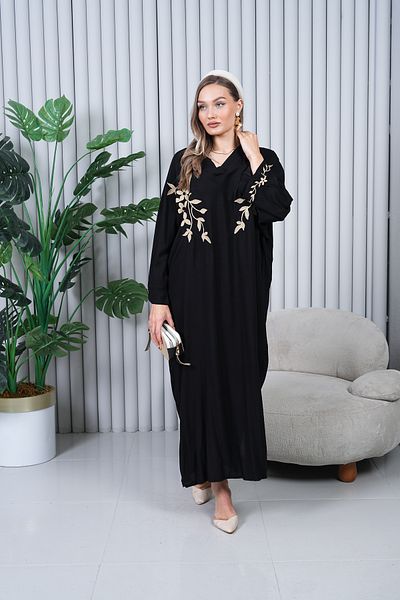 EL jadida Women's Embroidered Plus Size Viscose Long Dress Black