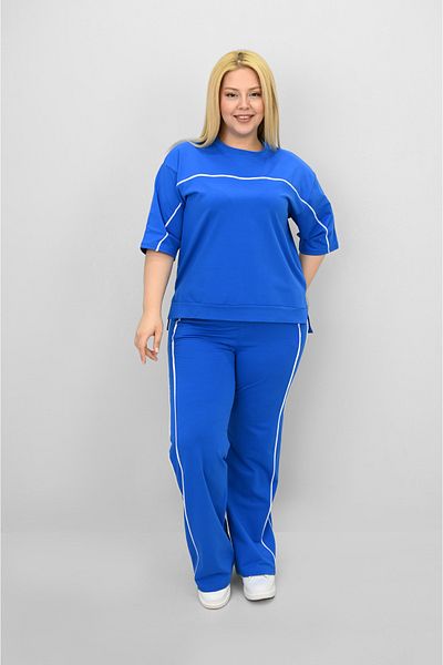 Koza Butik Women's Plus Size Short Sleeve Loose Leg Tracksuit Set with Intermediate Piping Detail 8189-25