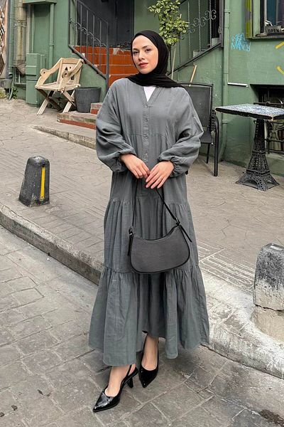 lamelif Front Half Button Detailed Muslin Fabric Hijab Dress Gray