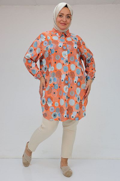Eslina 58052 Large Size Men's Collared Jesica Shirt Tunic - Circle Pattern Orange