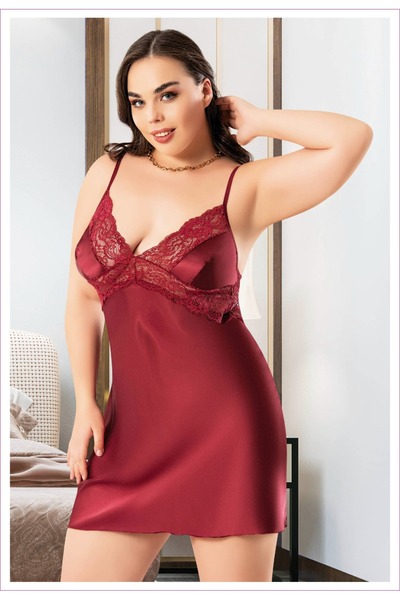 Viselya فستان نوم من الساتان الأحمر الداكن مع حمالات رفيعة مقاس كبير