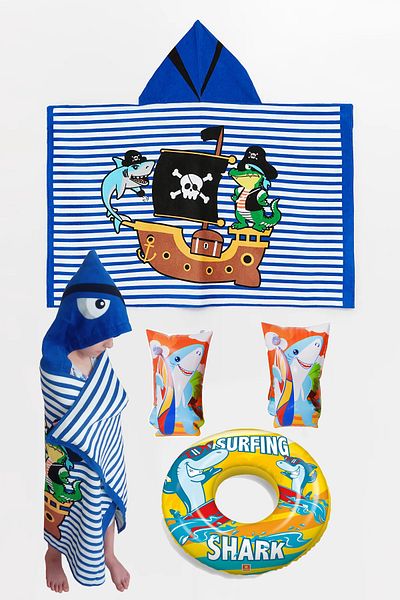 Yeşil Oyuncak Children's Beach Towel Hooded + Swimming Lifebuoy + Inflatable Arm Sleeve Set of 3 Beach Pool Sea Swimming Set