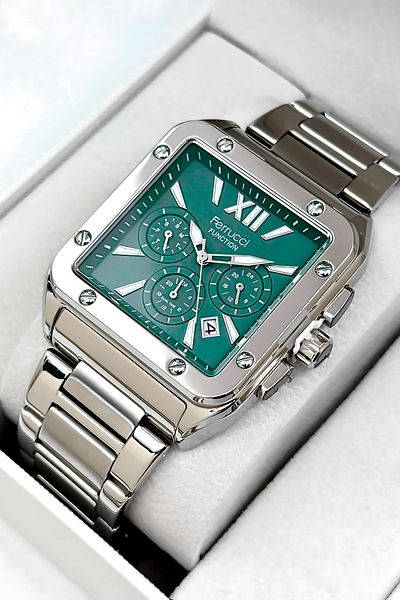 Ferrucci Function Men's Wristwatch Steel Case & Steel Cord Silver-Green Zmfer188