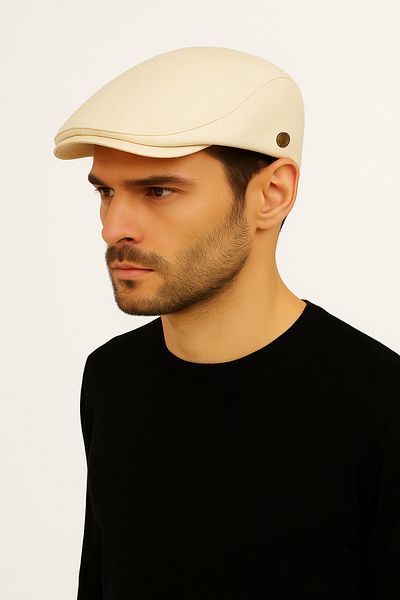 CosmoOutlet Men's Cream Color London Flat Model Summer Fabric Stylish and Modern Cap Hat with Elastic Back