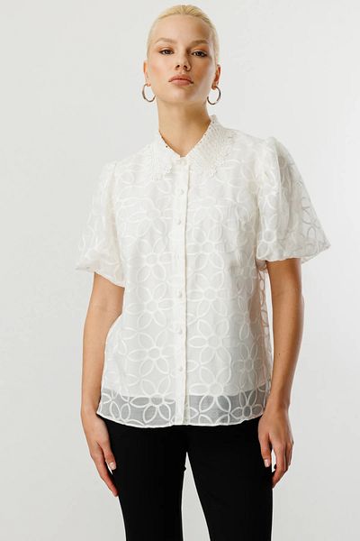 Ekol Tulle Blouse with Lace Embroidered Collar -3016