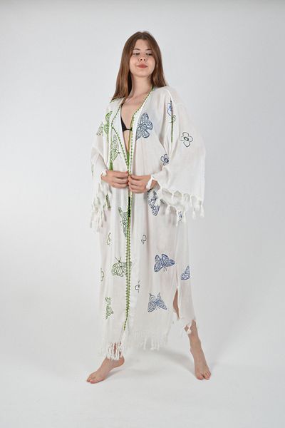 REİNA TEKS Viscon Kimono Bathrobe White Retro Colorful Butterfly Pattern Cotton Printed Pareo 1 Piece Unisex