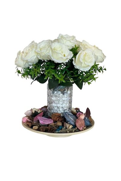 celhome Elegant Arrangement for Table, CELhome, 19 White Roses, Glass Vase with Pebbles, Bamboo Base, 38 x 3
