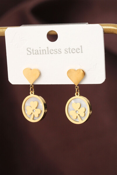 Clariss Steel Gold Color Zircon Stone Detail Heart Clover Earrings