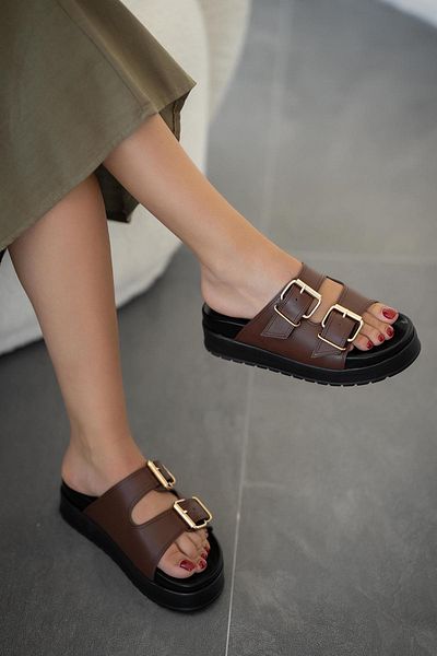 Parponi Dallas Buckle Women's Leather Flat Sole Slippers Brown