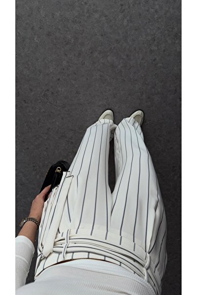 HAZELANNA Striped Palazzo Trousers with Girdle Belt