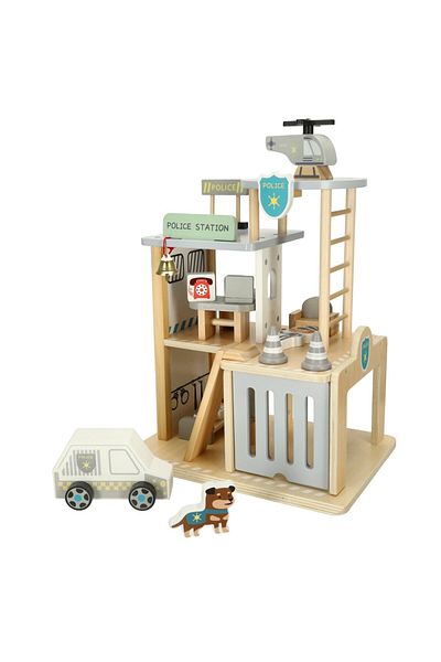 OEM 3-tier Fine Sanded Wood Police Station Set, Policeman, Thief, Dog, Car, Helicopter
