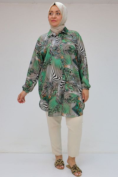 Eslina 58052 Large Size Men's Collared Jesica Shirt Tunic - Zebra Pattern Beneton