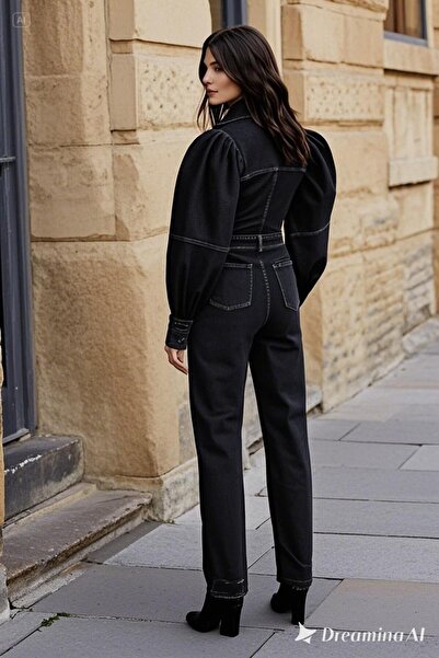 Şans Kadın Büyük Beden Siyah Körük Cepli Kolları Büzgü Detaylı Yıkamalı Kot Tulum 65N38883