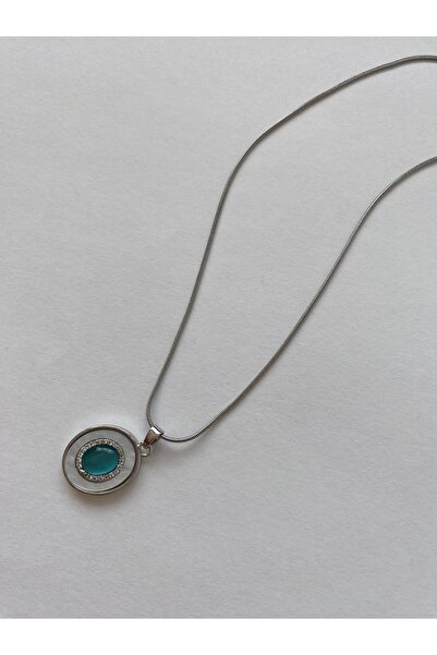 marsel aksesuar Ellipse Model Blue Beaded Steel Silver Necklace