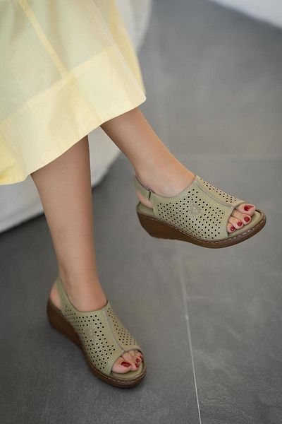 Parponi New Women's Genuine Leather Wedge Heeled Shoes Green