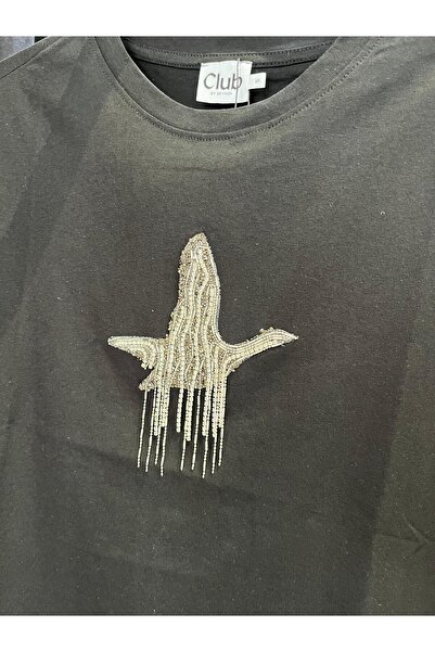 Butik kuş detaylı taşlı tshirt siyah