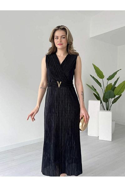 Dks Life Lined Double Breasted Collar Buckle Sleeveless Pleated Lycra Long Dress
