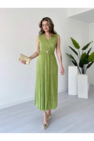 Dks Life Lined Double Breasted Collar Buckle Sleeveless Pleated Lycra Long Dress