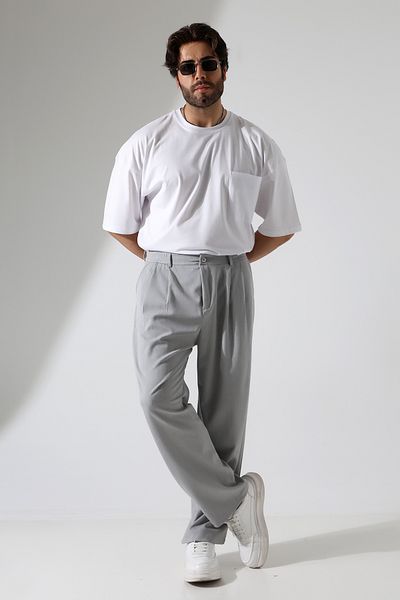 Corradeo Giyim Italian Cut Pleat Detailed Waist Semi Elastic Comfortable Fit Gray Color Men's Pallazo Trousers