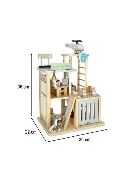 OEM 3-tier Fine Sanded Wood Police Station Set, Policeman, Thief, Dog, Car, Helicopter