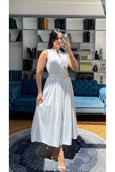 Nida Boutique Sıfır Kol Hakim Yaka Full Düğme Kapamalı Kemerli Keten Astarlı Elbise