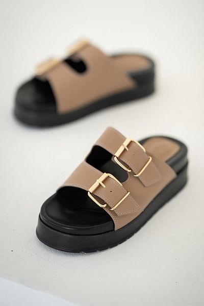 Parponi Dallas Buckle Women's Leather Flat Sole Slippers Mink