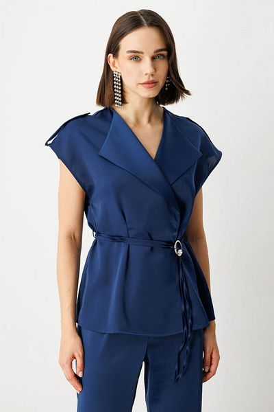 Ekol Double Breasted Collar Rope Belt Vest -4264