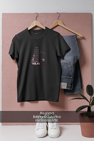 Bahriyeli Collection تي شيرت للجنسين بتصميم برج بيزا ودراجة إيطاليا كبير الحجم