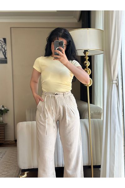 Elegant Elastic Waist Linen Trousers