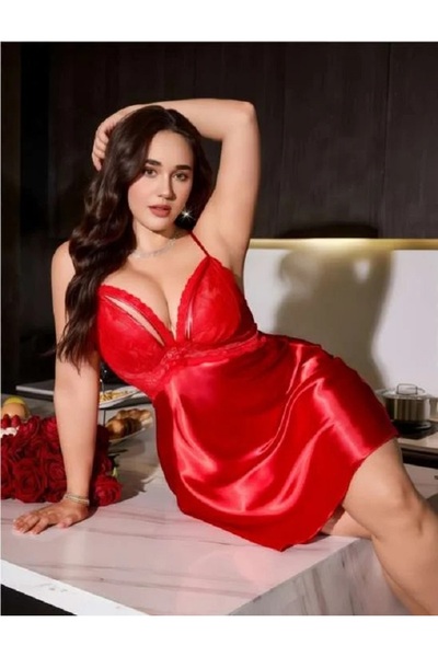 Bleu Petite Red Floral Patterned Plus Size Satin Mini Nightdress