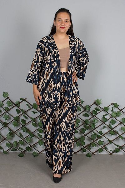 Truva XXL Large Size Navy Blue Patterned Kimono Suit |   Soft Crepe Fabric