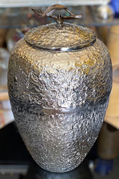 LEMİ DEKORASYON Döküm Yaprak Detaylı Kapaklı Gümüş Küp 40 Cm