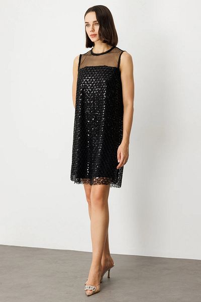 Ekol Sequined and Beaded Above Knee Dress Black-5206