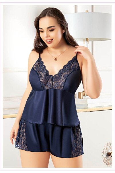 Viselya cu fantă Set pantaloni scurți din satin bleumarin, mărime mare