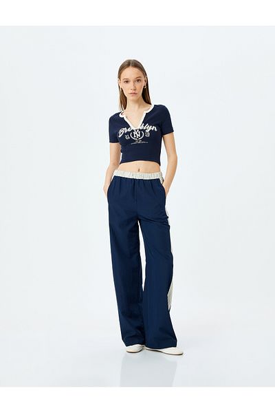 Koton New Season V-Neck Crop Slim Fit College Printed Button T-Shirt