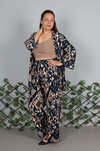 Truva XXL Large Size Navy Blue Patterned Kimono Suit |   Soft Crepe Fabric