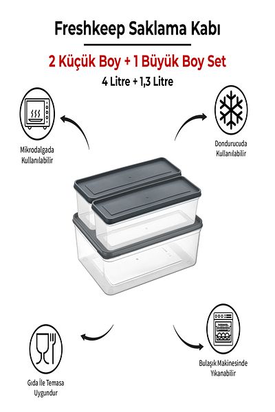 bizimevde 3 Storage Containers (1 Large-2 Medium Size) 4 Liters + 1.3 Liters Deep Freezer Microwave Compatible
