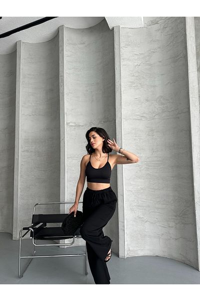 BROWSER Women's Black Wide Leg High Waist Linen Blend Elastic Trousers - Summer Relaxed Fit