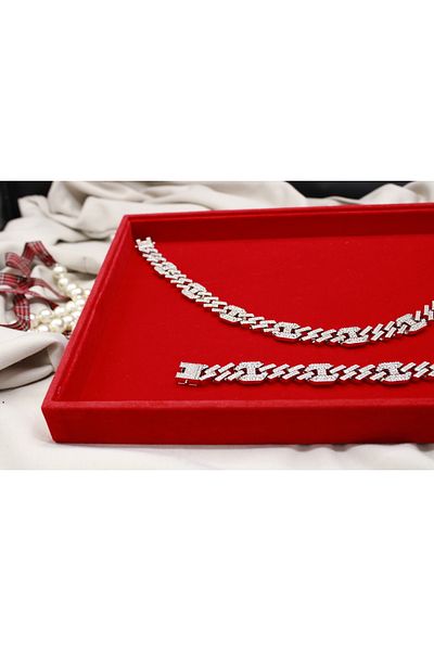 Brand. Iced Out Cuban Link Set – Wide Chain Necklace & Bracelet, Silver-Plated, Fully Rhinestone Encrusted