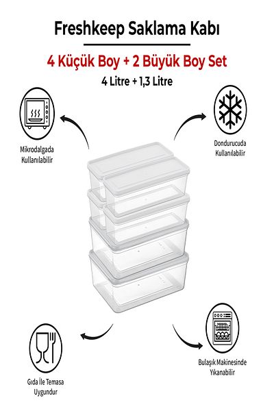 bizimevde 6 Storage Containers (2 Large-4 Medium Size) 4 Liters + 1.3 Liters Deep Freezer Microwave Compatible