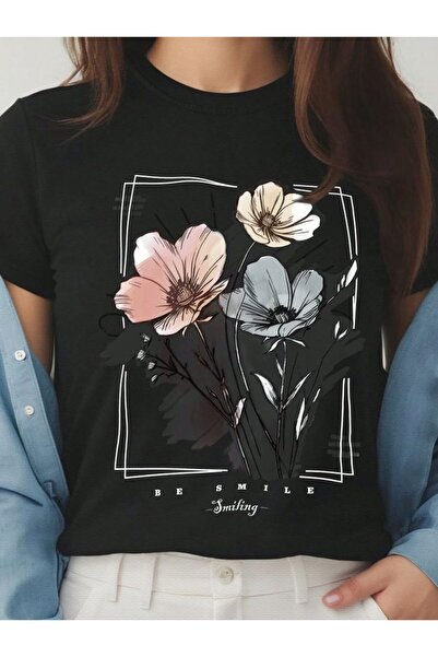 LAYORA Tricou negru „Flower cu imprimeu – Design romantic cu textul „Be Smile”