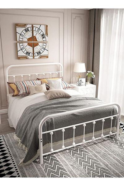 Generic Iron Bed Single and Half Bed with Bottom Storage for Adults and Kids Modern Design White 120x200cm