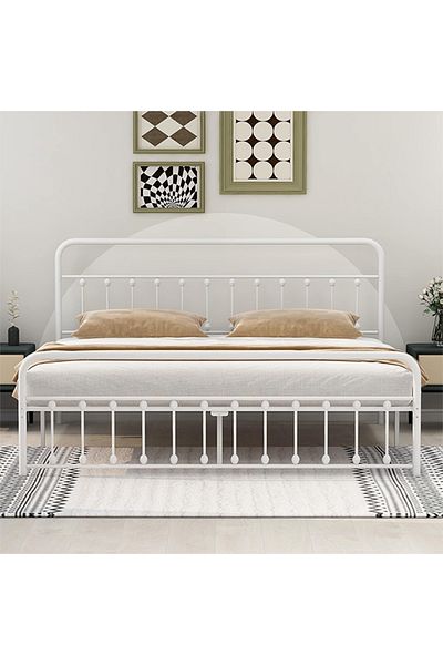 Generic Iron Bed 2 Persons Bed with Bottom Storage for Adults and Kids Modern Design White 200x200cm